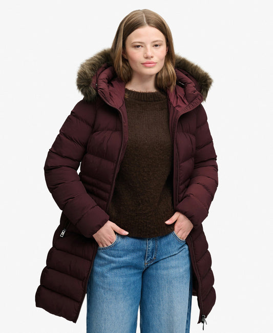 Hooded Faux Fur Fuji Mid Length Coat (Dark Oxblood)