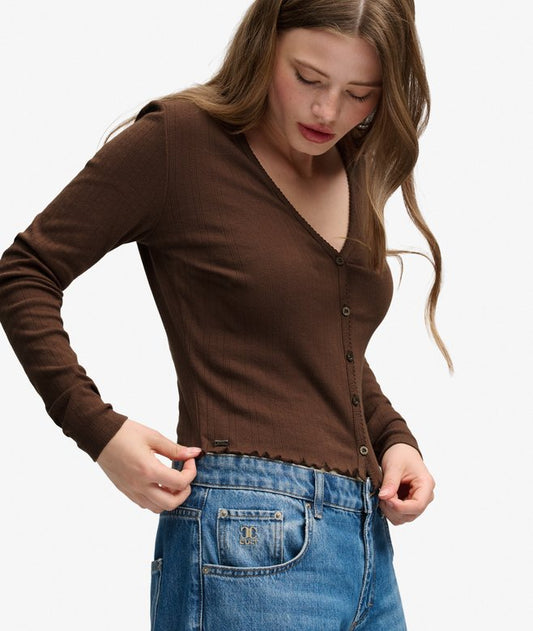 Athletic Essential Pointelle Cardigan (Chestnut Brown)