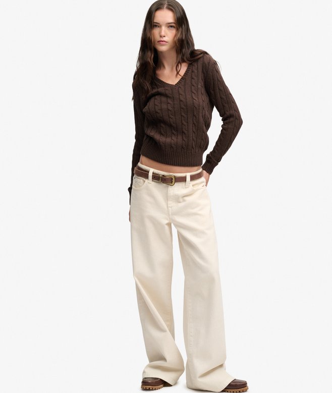 Wool Blend Cable V Neck Jumper