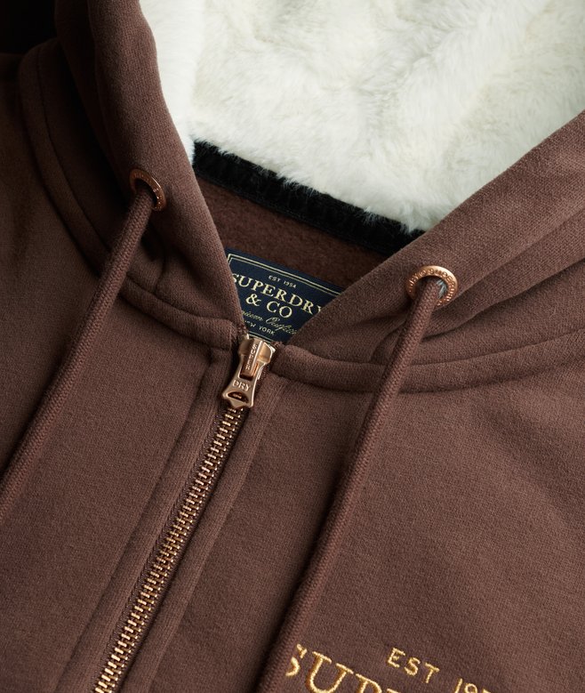 Luxe Faux Fur Lined Zip Hoodie - Chestnut Brown