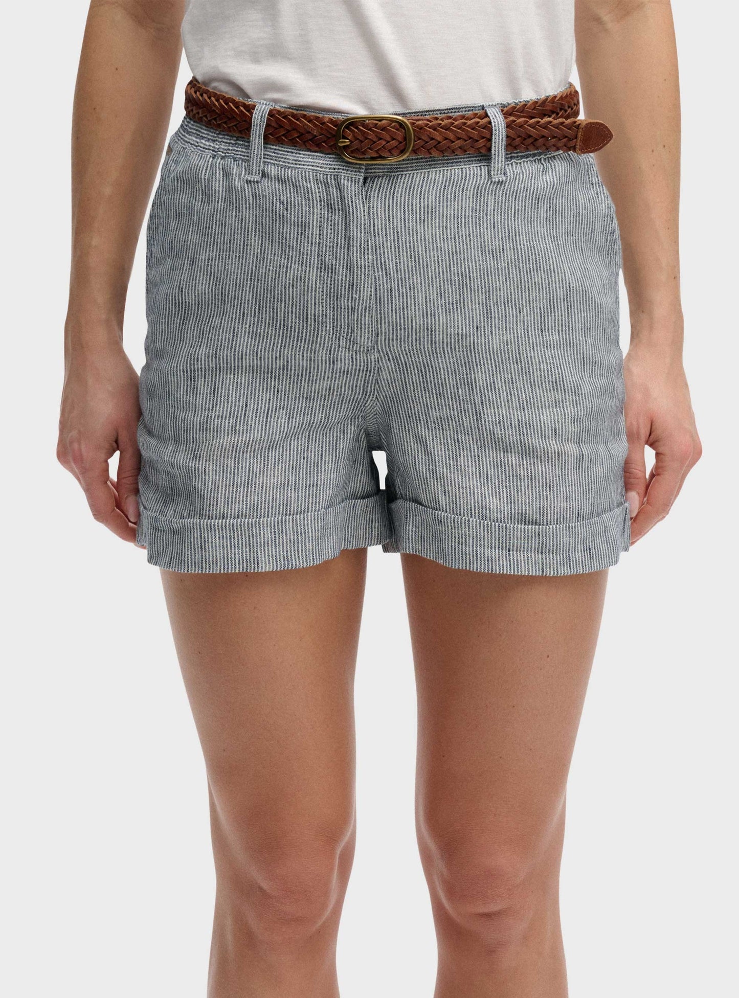 Mid Rise Linen Shorts Indigo Stripe