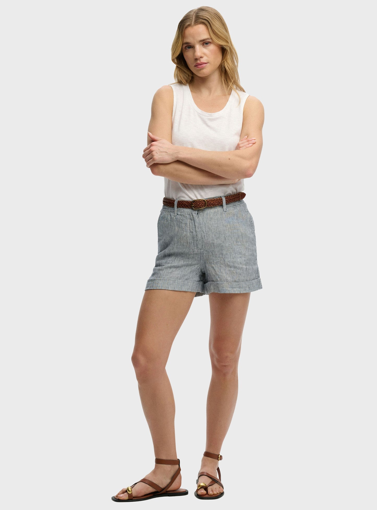 Mid Rise Linen Shorts Indigo Stripe