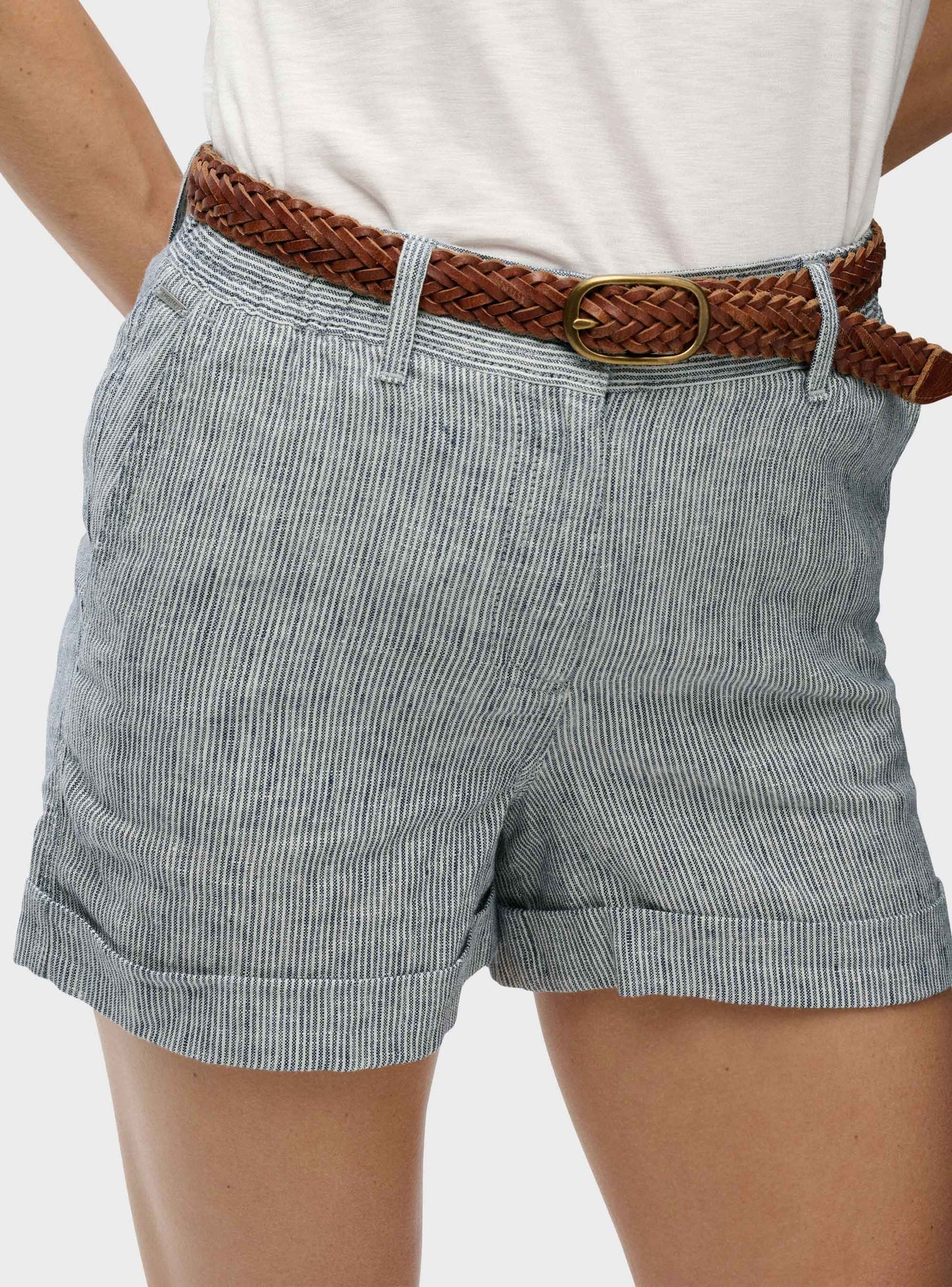 Mid Rise Linen Shorts Indigo Stripe