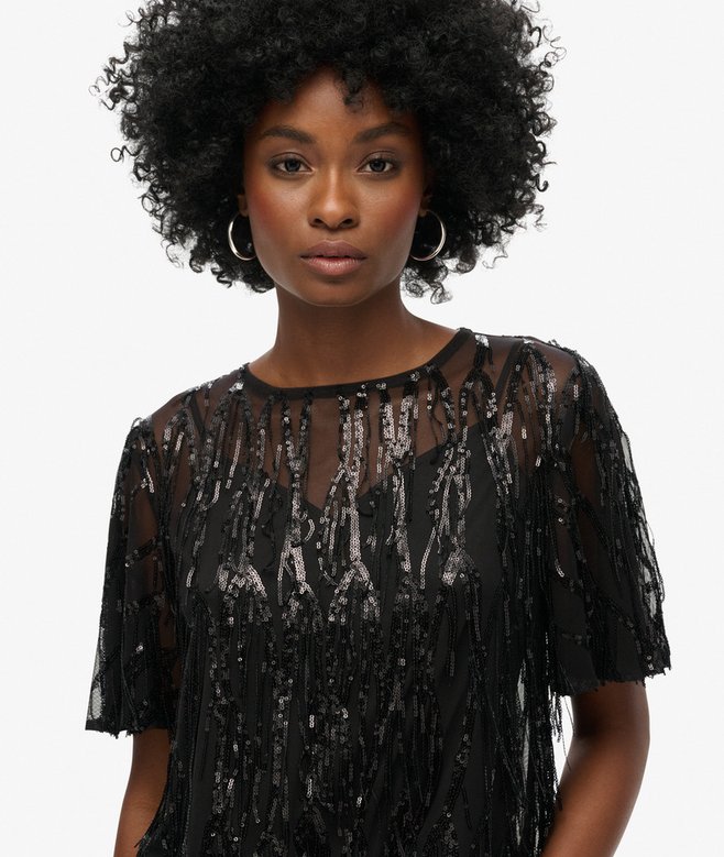 Superdry Sheer Short Sleeve Sequin Top Black