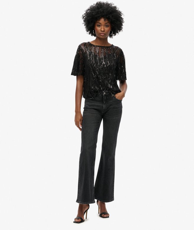 Superdry Sheer Short Sleeve Sequin Top Black