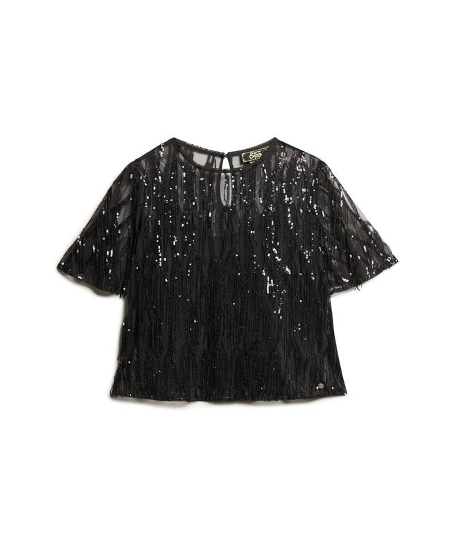 Superdry Sheer Short Sleeve Sequin Top Black