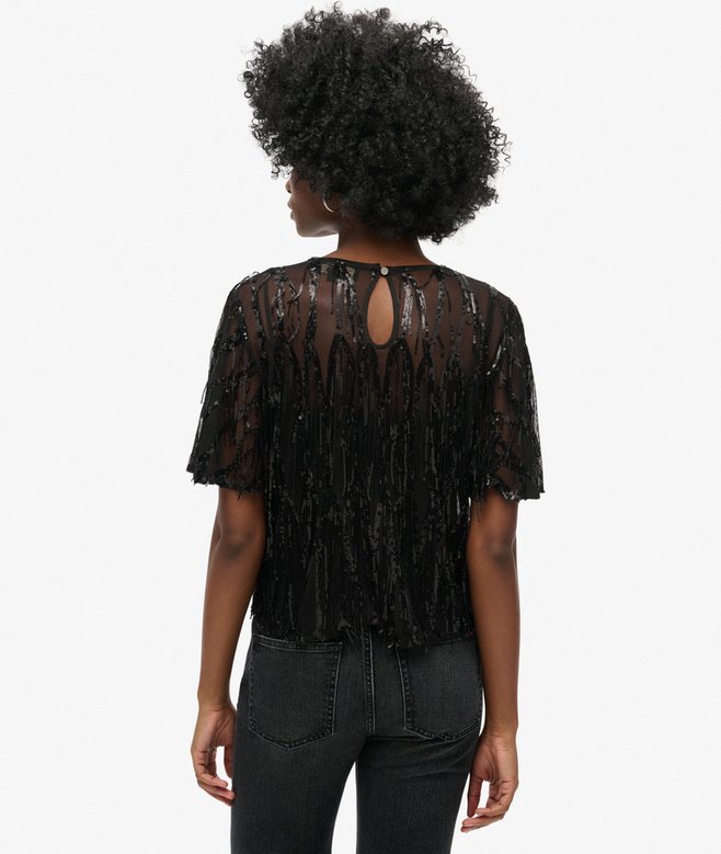 Superdry Sheer Short Sleeve Sequin Top Black
