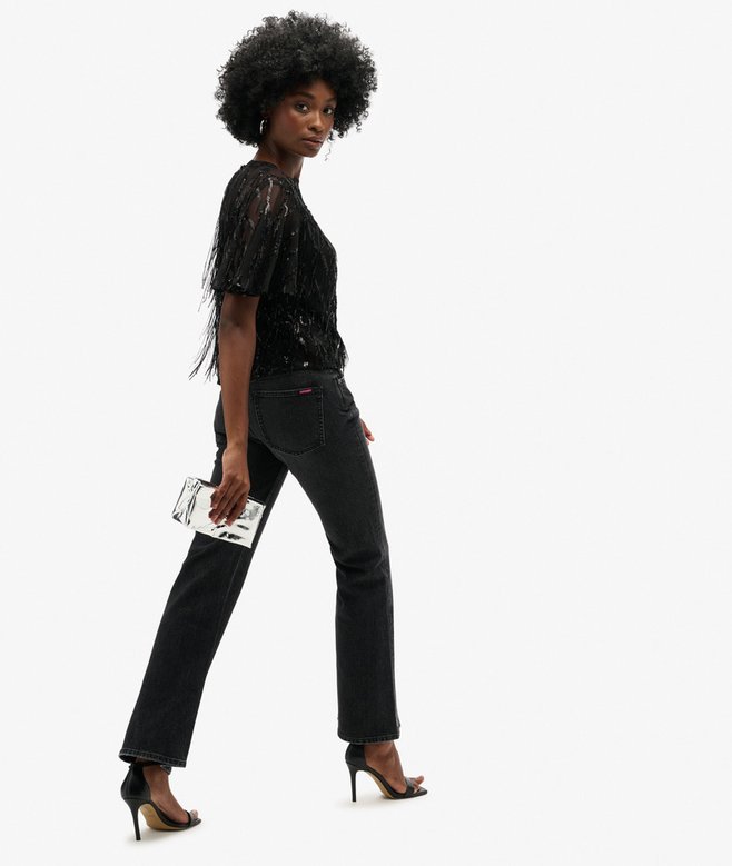 Superdry Sheer Short Sleeve Sequin Top Black