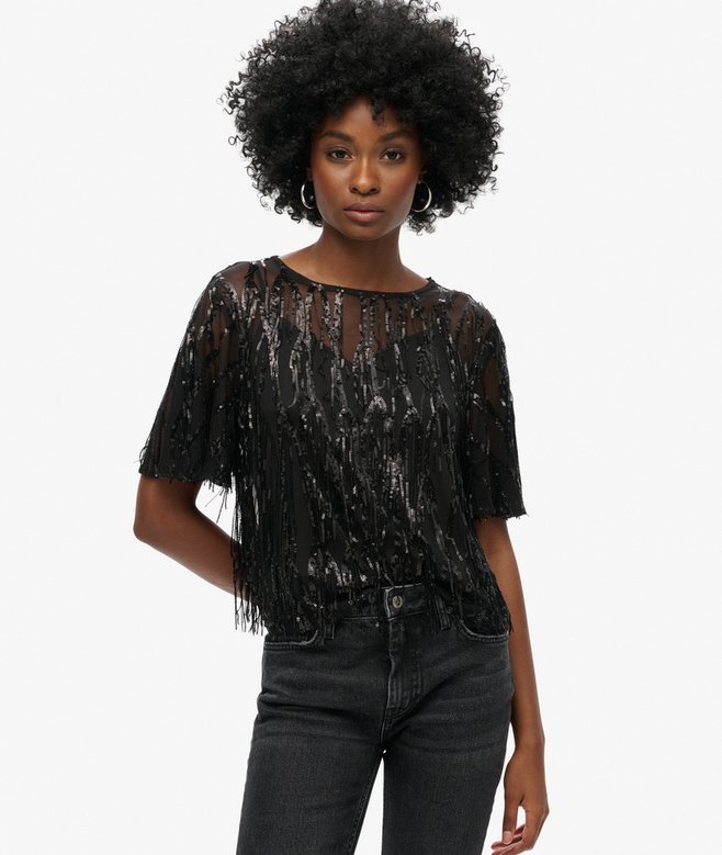 Superdry Sheer Short Sleeve Sequin Top Black