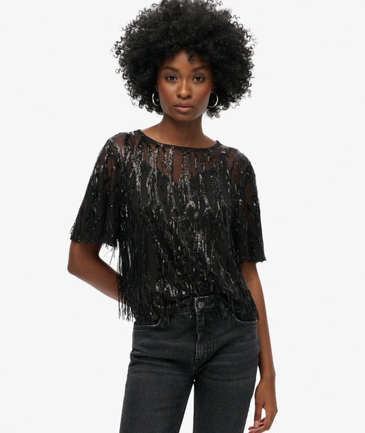 Superdry Sheer Short Sleeve Sequin Top Black