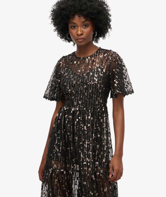 Superdry Volume Tiered Mesh Midi Dress