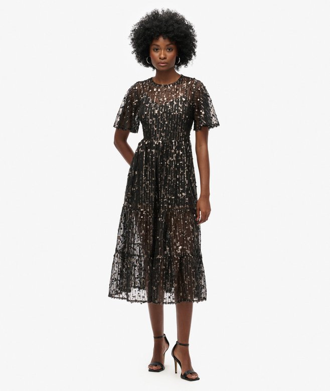 Superdry Volume Tiered Mesh Midi Dress