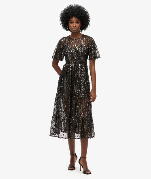 Superdry Volume Tiered Mesh Midi Dress