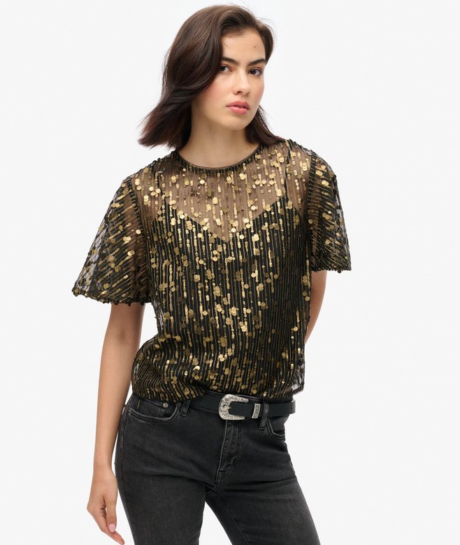 Superdry Sheer Short Sleeve Sequin Top