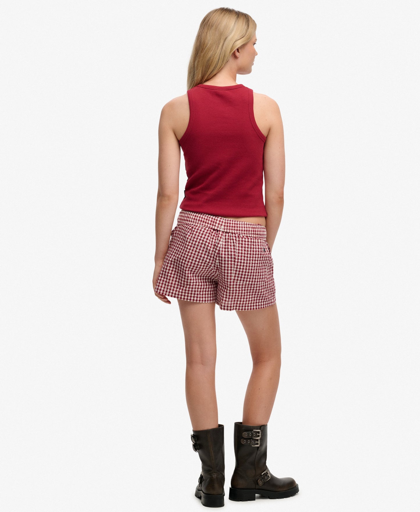 Organic Cotton Stripe Elastic Shorts Red Gingham