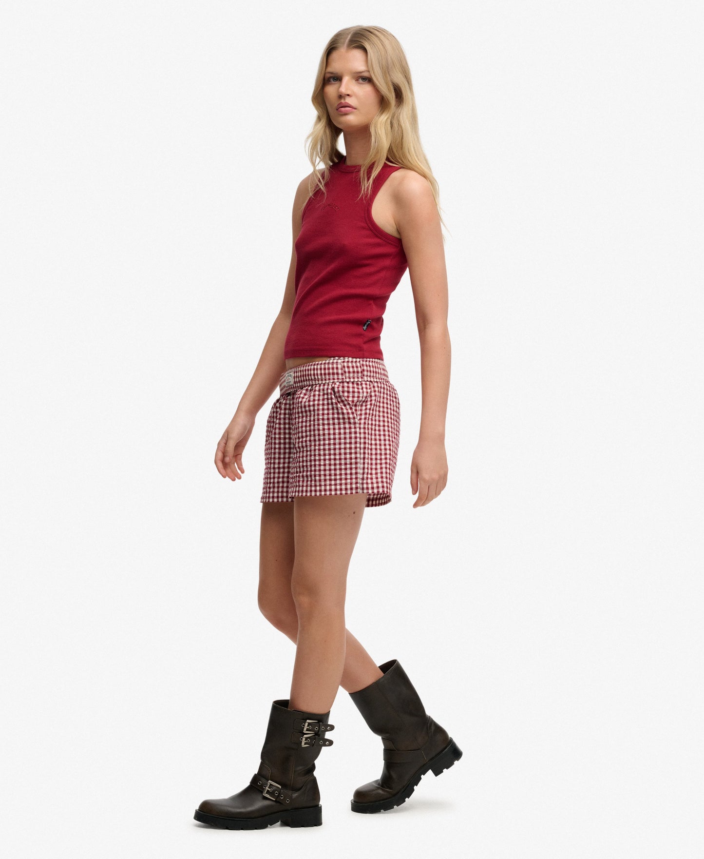 Organic Cotton Stripe Elastic Shorts Red Gingham