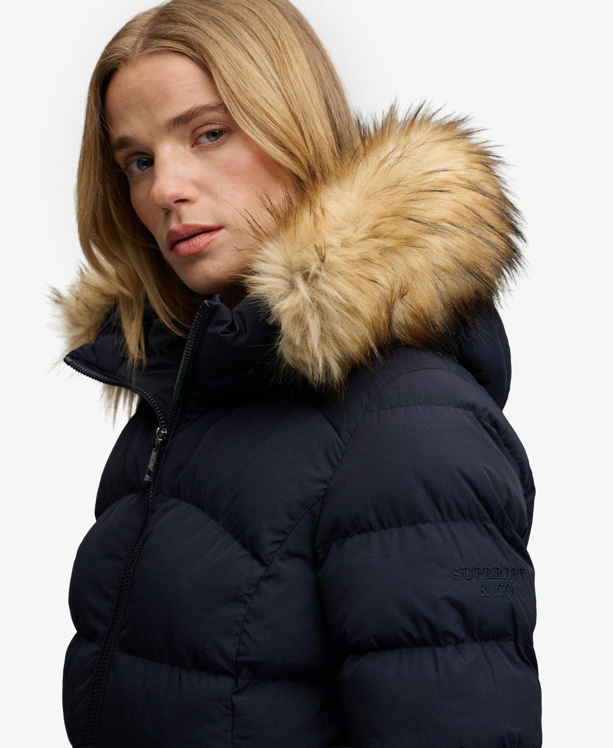 Hooded Faux Fur Fuji Mid Length Coat (Darkest Navy)