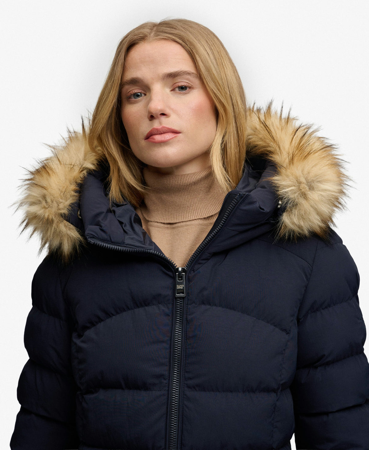 Hooded Faux Fur Fuji Mid Length Coat (Darkest Navy)