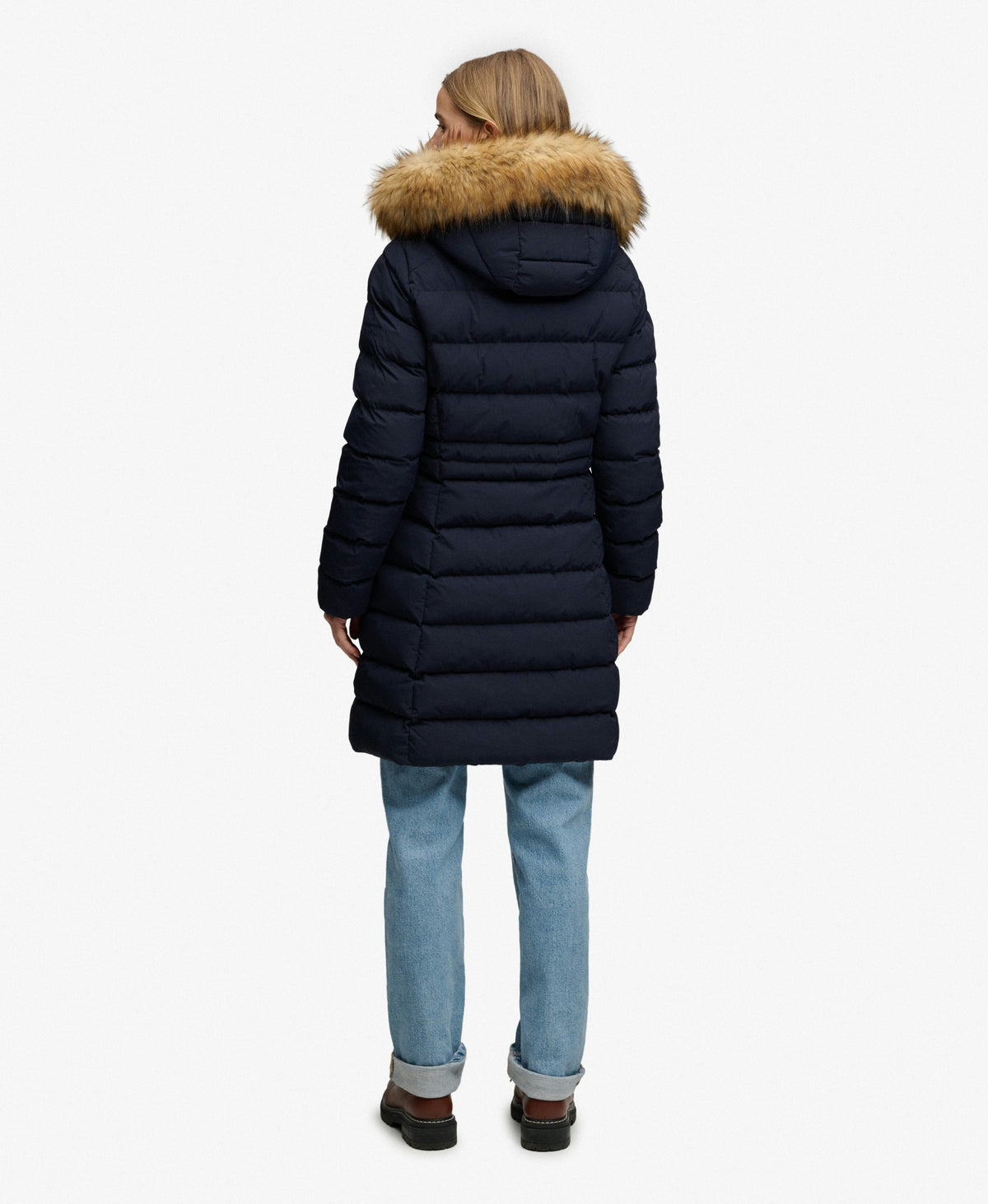 Hooded Faux Fur Fuji Mid Length Coat (Darkest Navy)
