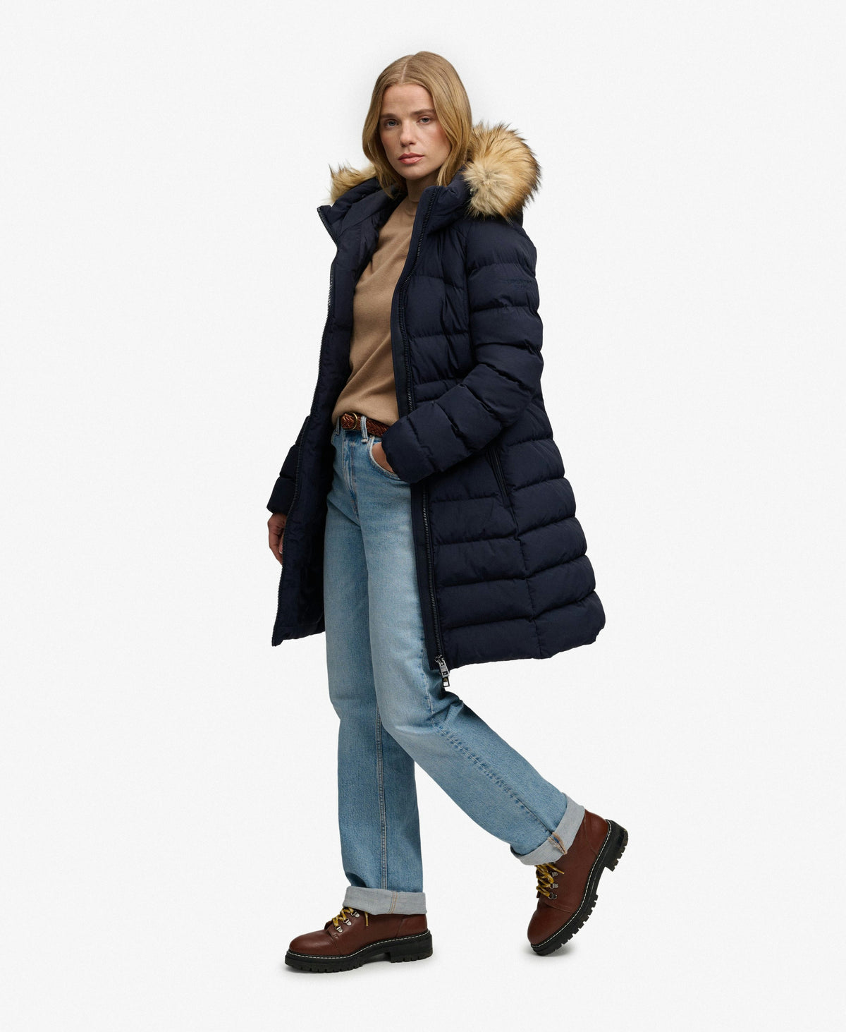 Hooded Faux Fur Fuji Mid Length Coat (Darkest Navy)
