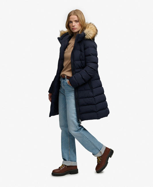 Hooded Faux Fur Fuji Mid Length Coat (Darkest Navy)