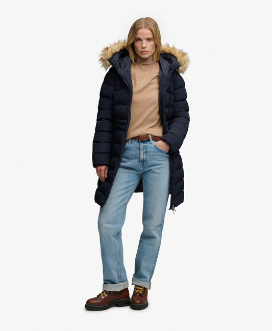 Hooded Faux Fur Fuji Mid Length Coat (Darkest Navy)