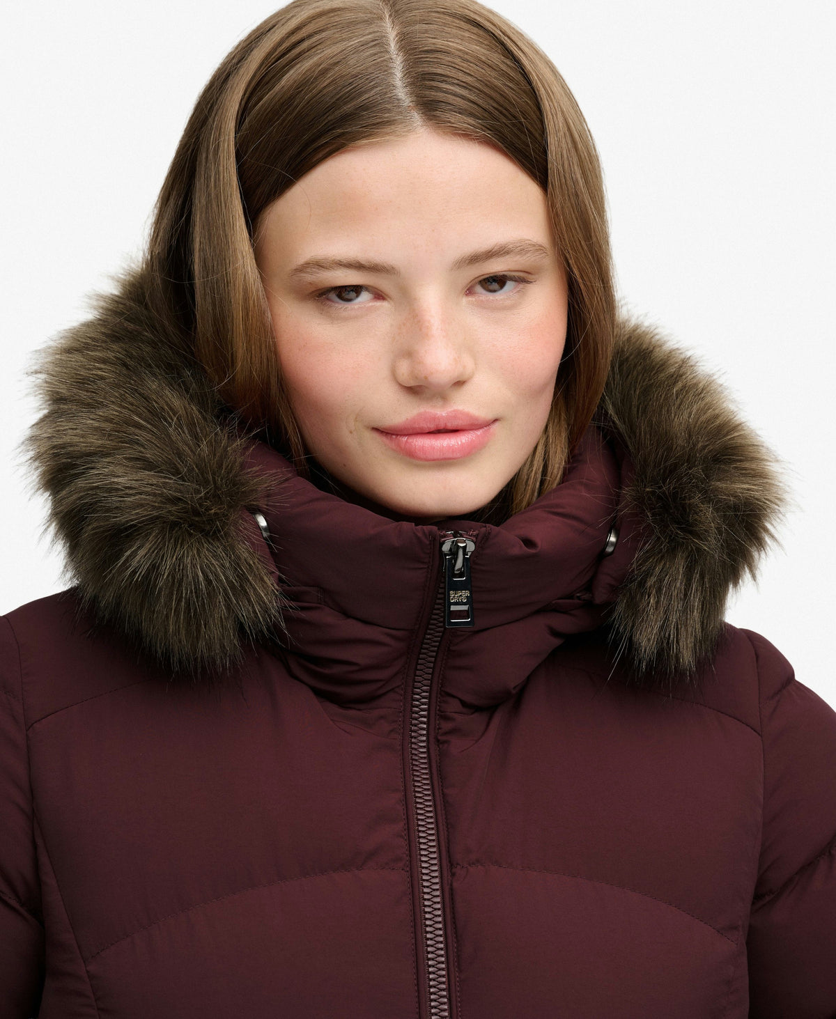 Hooded Faux Fur Fuji Mid Length Coat (Dark Oxblood)