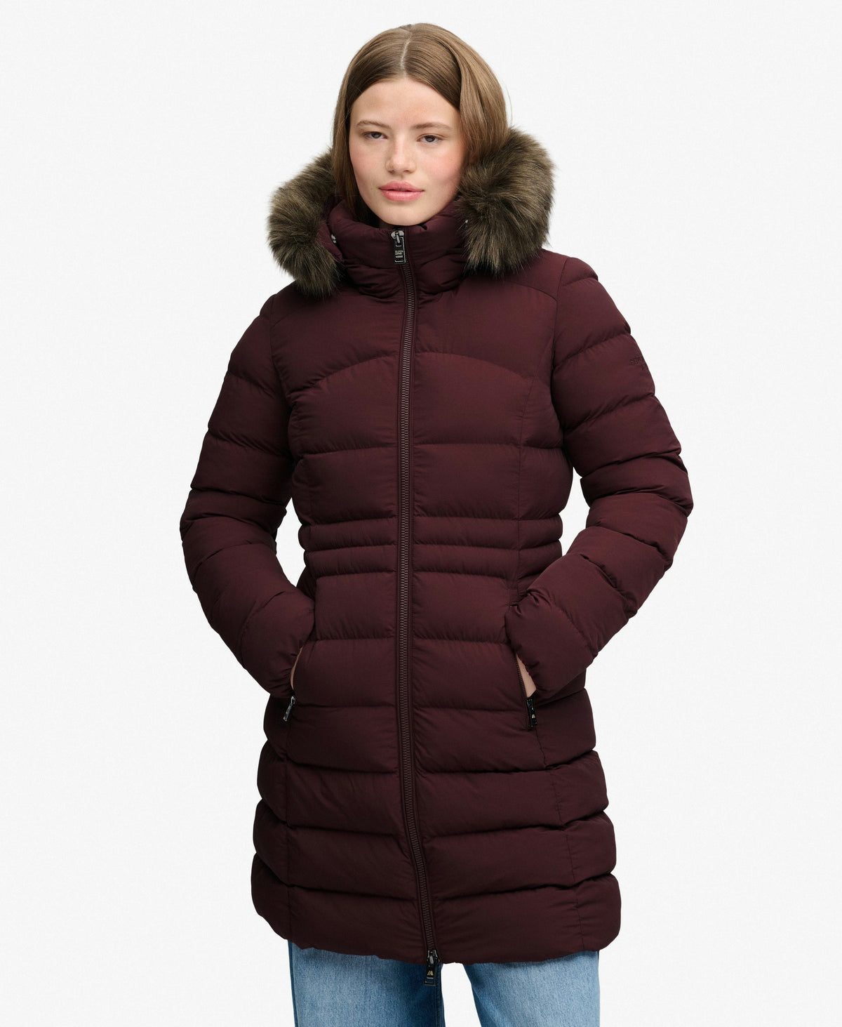 Hooded Faux Fur Fuji Mid Length Coat (Dark Oxblood)
