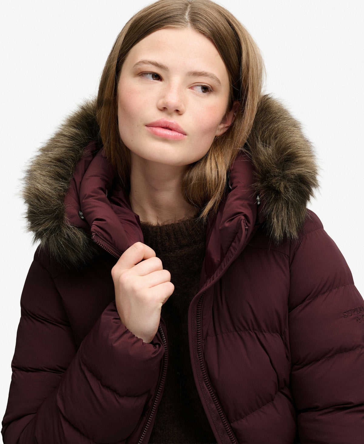Hooded Faux Fur Fuji Mid Length Coat (Dark Oxblood)