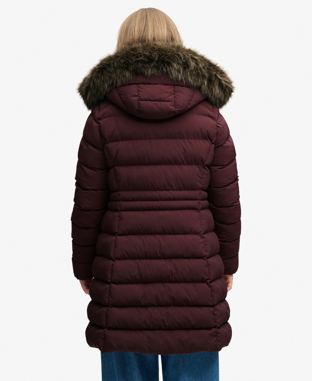 Hooded Faux Fur Fuji Mid Length Coat (Dark Oxblood)