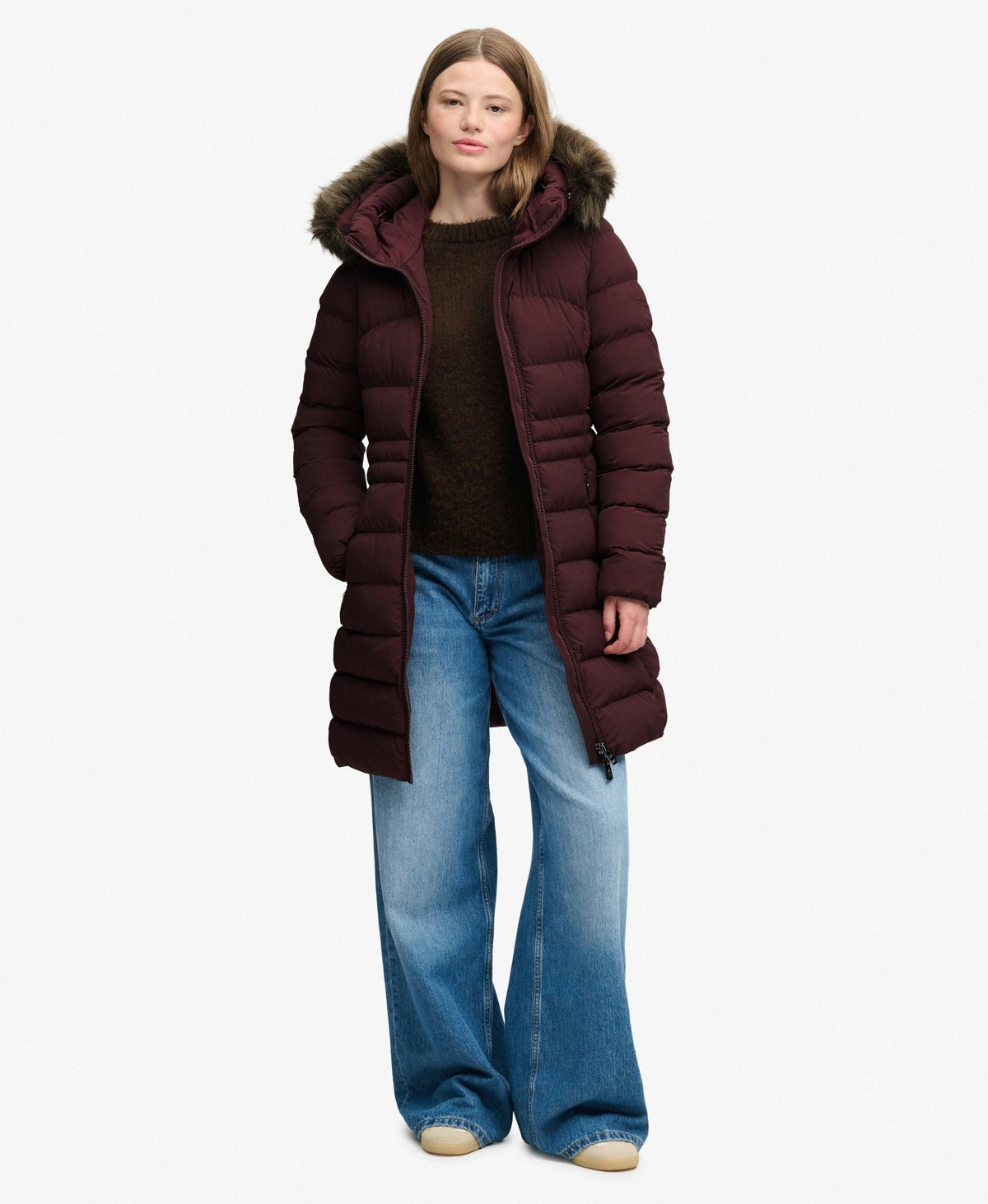 Hooded Faux Fur Fuji Mid Length Coat (Dark Oxblood)
