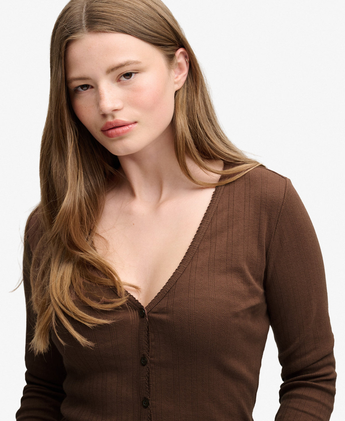 Athletic Essential Pointelle Cardigan (Chestnut Brown)