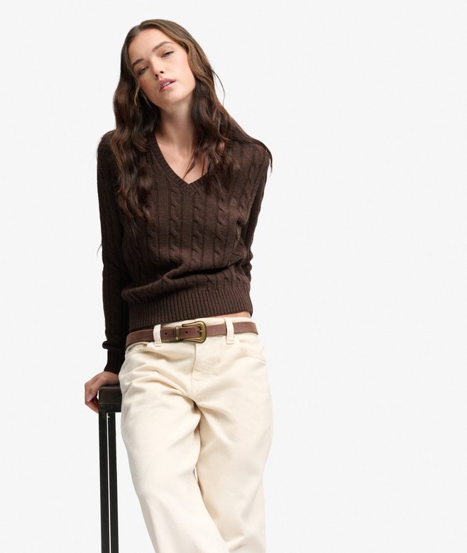 Wool Blend Cable V Neck Jumper