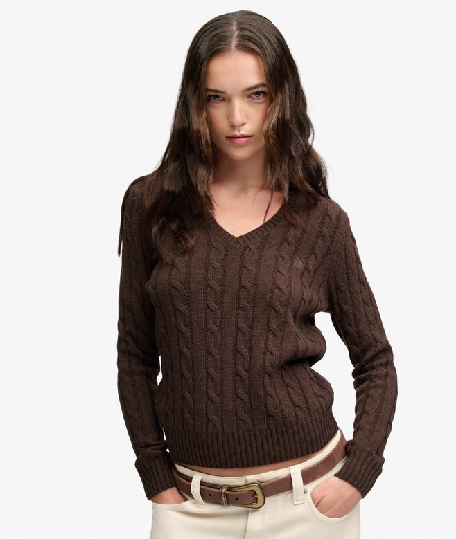 Wool Blend Cable V Neck Jumper