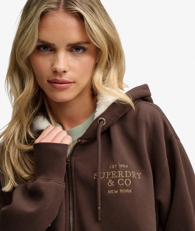 Luxe Faux Fur Lined Zip Hoodie - Chestnut Brown